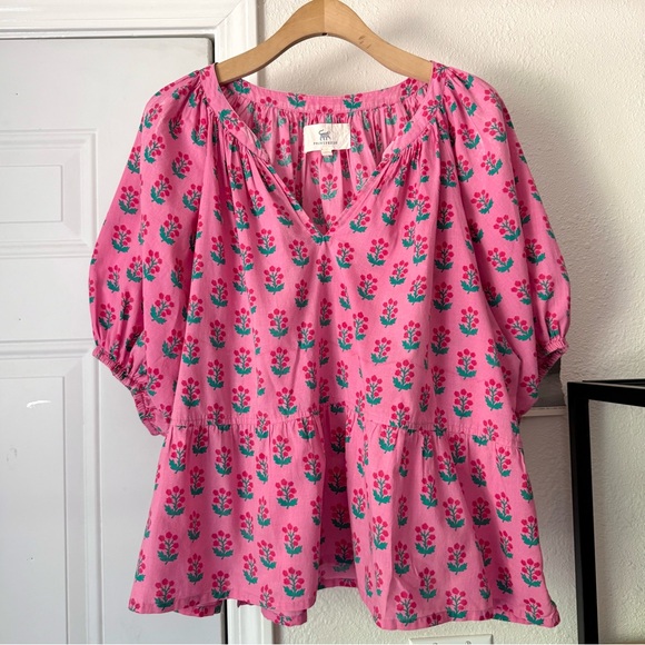 Printfresh Tops - PRINTFRESH pink organic cotton floral puff short sleeve boxy cropped blouse top